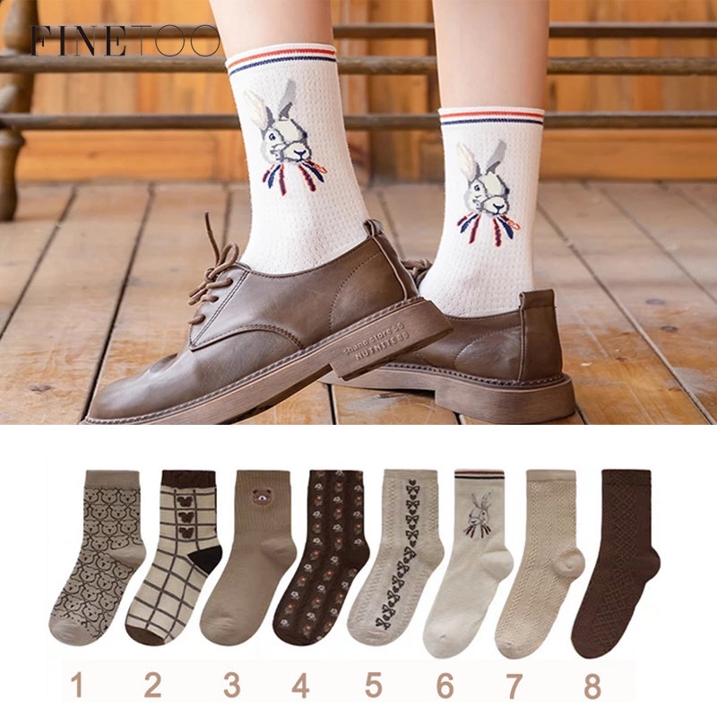 FINETOO Vớ Cotton Cổ Cao Dày Dặn Co Giãn Dễ Thương Cho Nữ