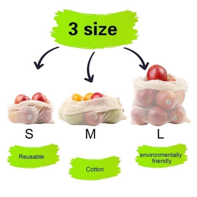 Túi Lưới Đựng Rau Củ 3 Kích Thước Tái Sử Dụng Thiết Kế Thoáng Khí Có Thể Tái Sử Dụng