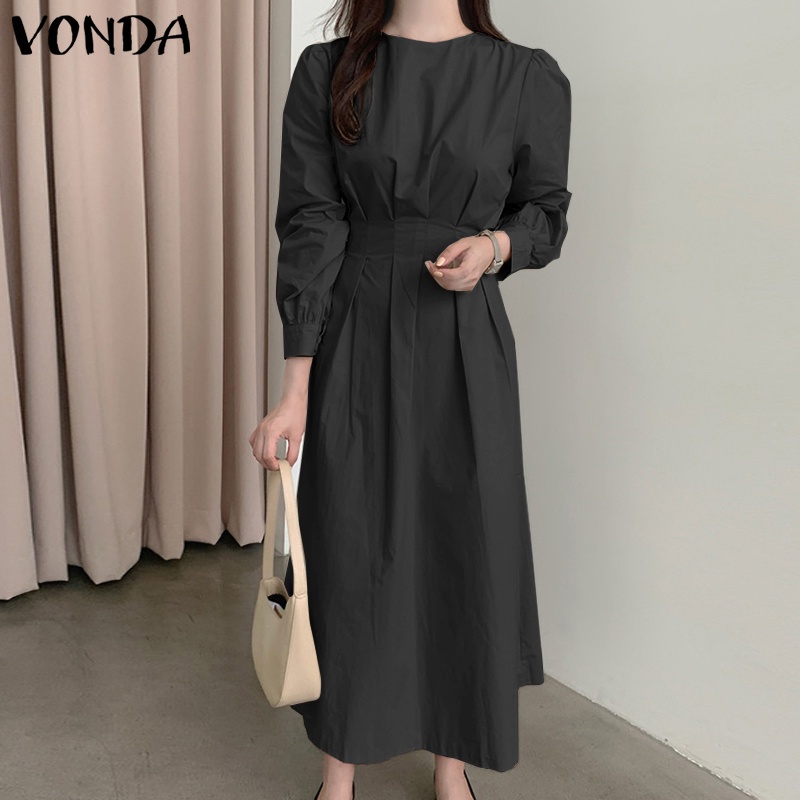 Váy dáng dài VONDA cổ tròn tay dài xếp ly màu trơn phong cách Hàn Quốc cho nữ