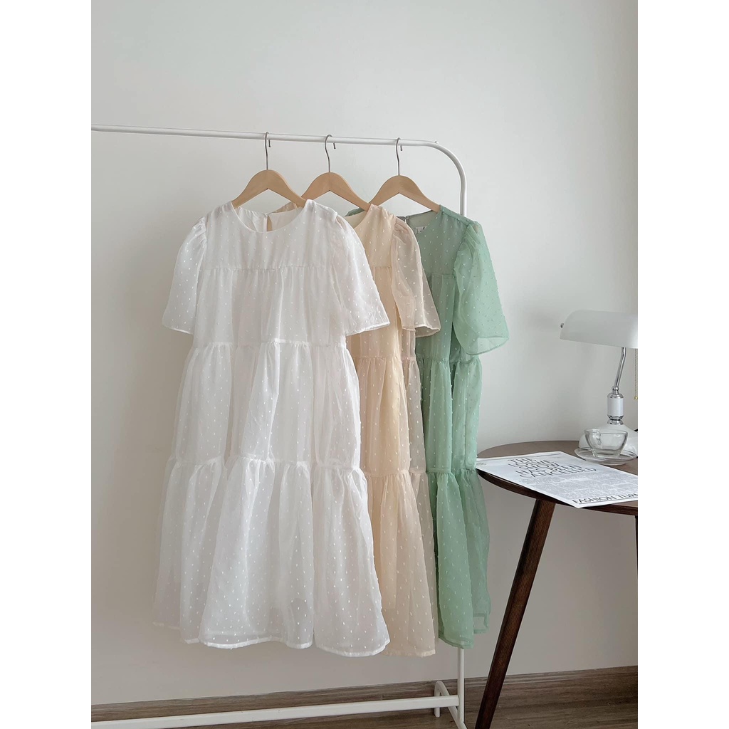 Váy đầm babydoll voan tơ chấm bi 2 lớp tay ngắn phong cách tiểu thư xinh xắn