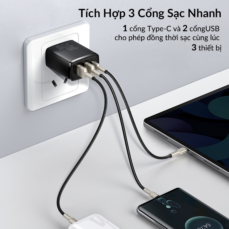 Củ Sạc Nhanh 3 Cổng Baseus Compact 30w Usb Chân Cắm Type C Hỗ Trợ Qc3.0 Pd3.0 Cho Điện Thoại Máy Tính Bảng Njoyshop