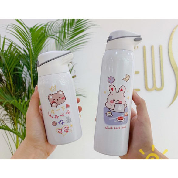 Bình giữ nhiệt 500ml Hình Gấu bình nước giữ nhiệt inox 304 có ống hút có dây