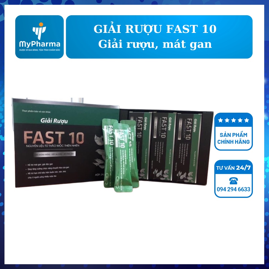Giải rượu Fast 10 – Hỗ trợ chức năng gan, giảm buồn nôn khi uống rượu (Hộp nhỏ 4 gói)