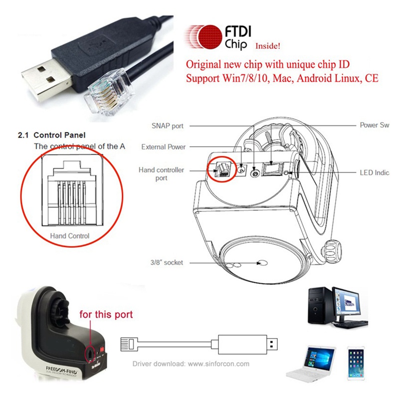 Bộ chuyển đổi USB sang Rj11 Rj12 6P4C Cáp điều khiển nối tiếp Cáp EQMOD cho Az-Gti Mount Pc Connect cho cáp điều khiển bằng tay