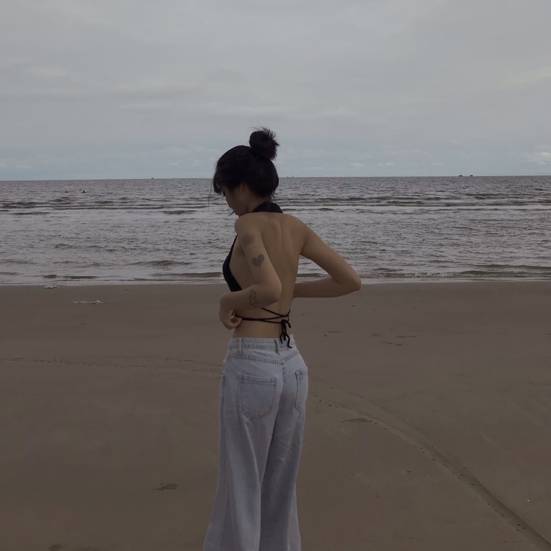 Áo len dáng bra đen dây thắt eo hàng handmade