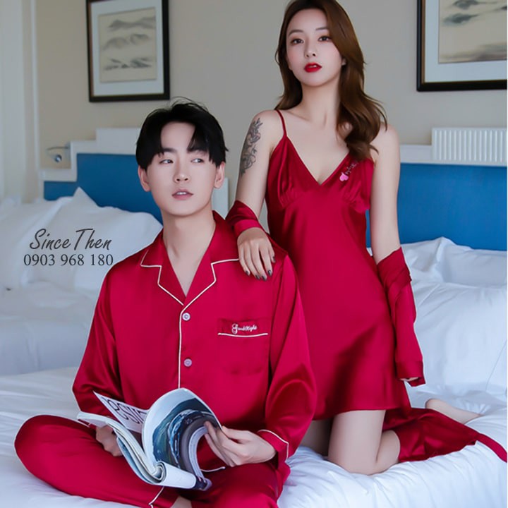 Đồ ngủ đôi nam nữ lụa màu đỏ sang trọng, Pyjama đôi nam nữ mặc nhà - Since Then