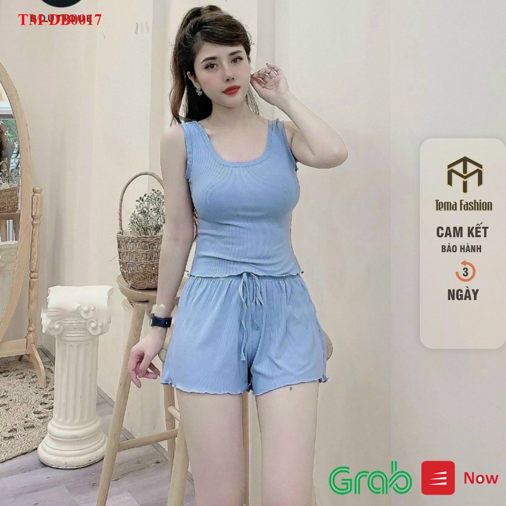 Đồ bộ nữ TEMA - Đồ ngủ nữ mặc ở nhà gồm áo hai dây viền bèo kèm quần đùi len tăm siêu mát | BigBuy360 - bigbuy360.vn