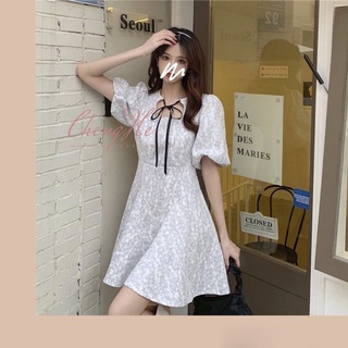 Váy/đầm dáng ngắn tay bồng cổ thắt nơ dễ thương ngắn tay dáng xòe họa tiết hoa nhí V00029