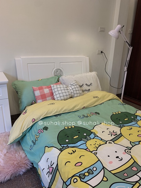 Cotton poly - Mèo Xanh Vàng -  bộ vỏ chăn ga giường