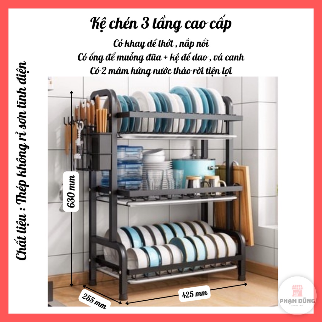 Kệ chén 3 tầng đa năng có khay thoát nước , kệ bát đĩa 3 tầng thép sơn tĩnh điện cao cấp