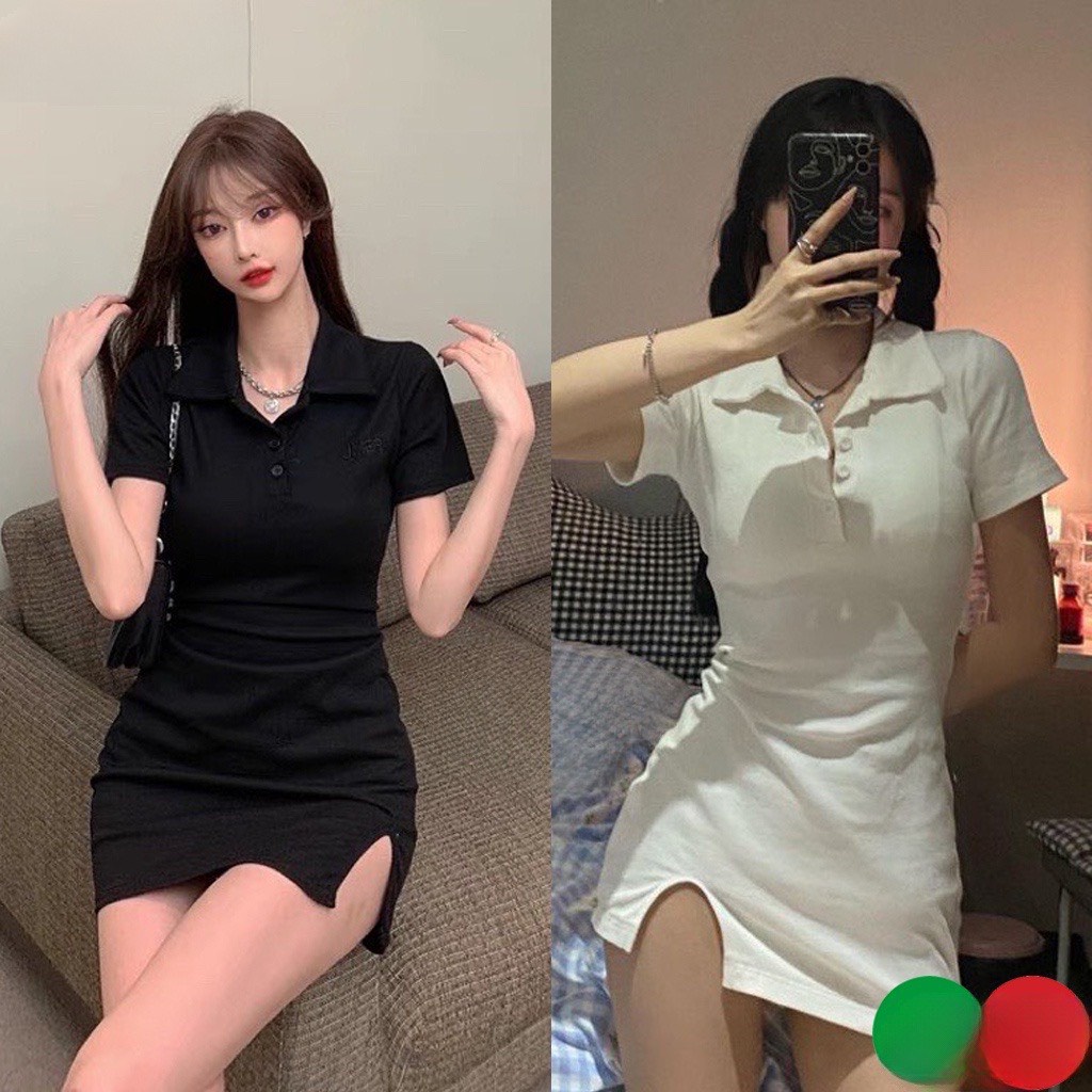 Đầm nữ Váy body cộc tay xẻ gấu chất thun gân tăm co giãn 4 chiều