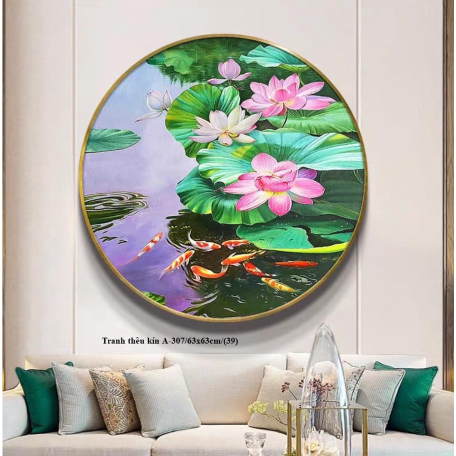tranh thêu chữ thập đầm hoa sen , cửu ngư quần hội  A-307 - 63*63  - tranh chưa thêu