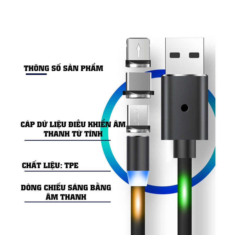Dây Cáp Sạc Nhấp Nháy Có Đèn Led Cảm Ứng Âm Thanh Theo Điệu Nhac, đầu hít nam châm, dây chất liệu TPE đàn hồi cao, Occar