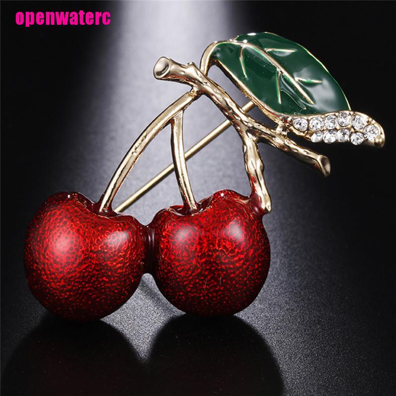Cài Áo Hình Quả Cherry Đính Pha Lê Tráng Men Đỏ Thời Trang