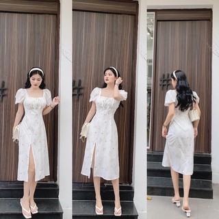 Đầm maxi hoa nhíu ngực thắt nơ xẻ đùi