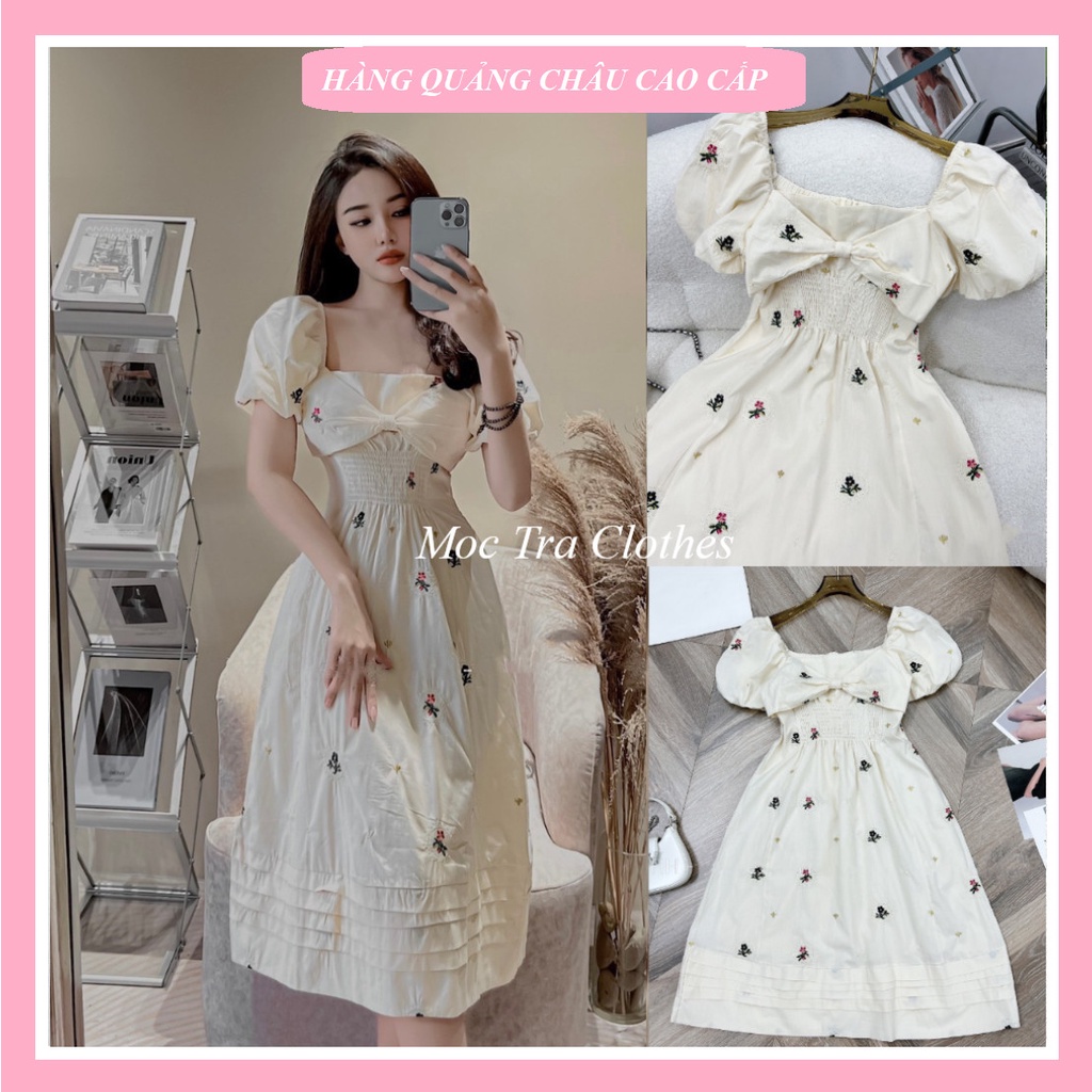 Đầm maxi thô thêu hoa Quảng Châu dáng xòe dài nơ ngực siêu xinh, Váy hoa nhí tay bồng chun eo trẻ trung
