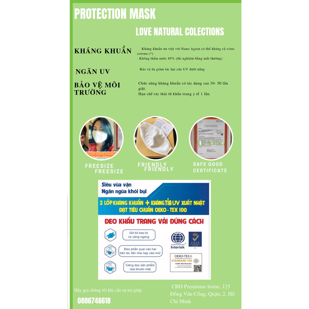 Khẩu trang vải kháng khuẩn tốt xuất khẩu chống Virus, hạn chế thấm nước, chống UV 2 lớp Love Natural | BigBuy360 - bigbuy360.vn
