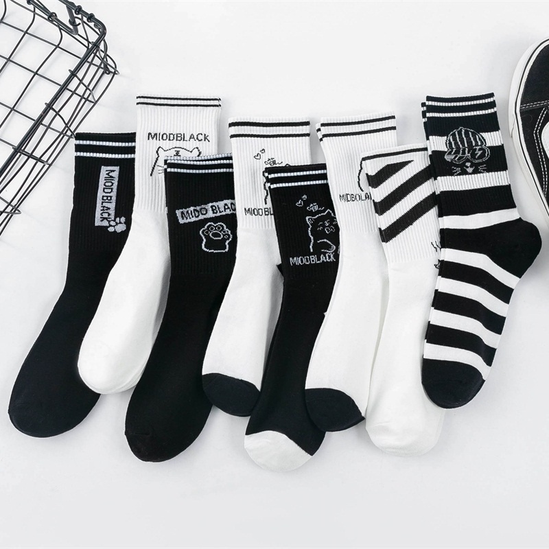 TIAN TIAN T110 Tất nam nữ cao cổ  Vớ cổ vừa màu đen/trắng họa tiết hoạt hình dễ thương