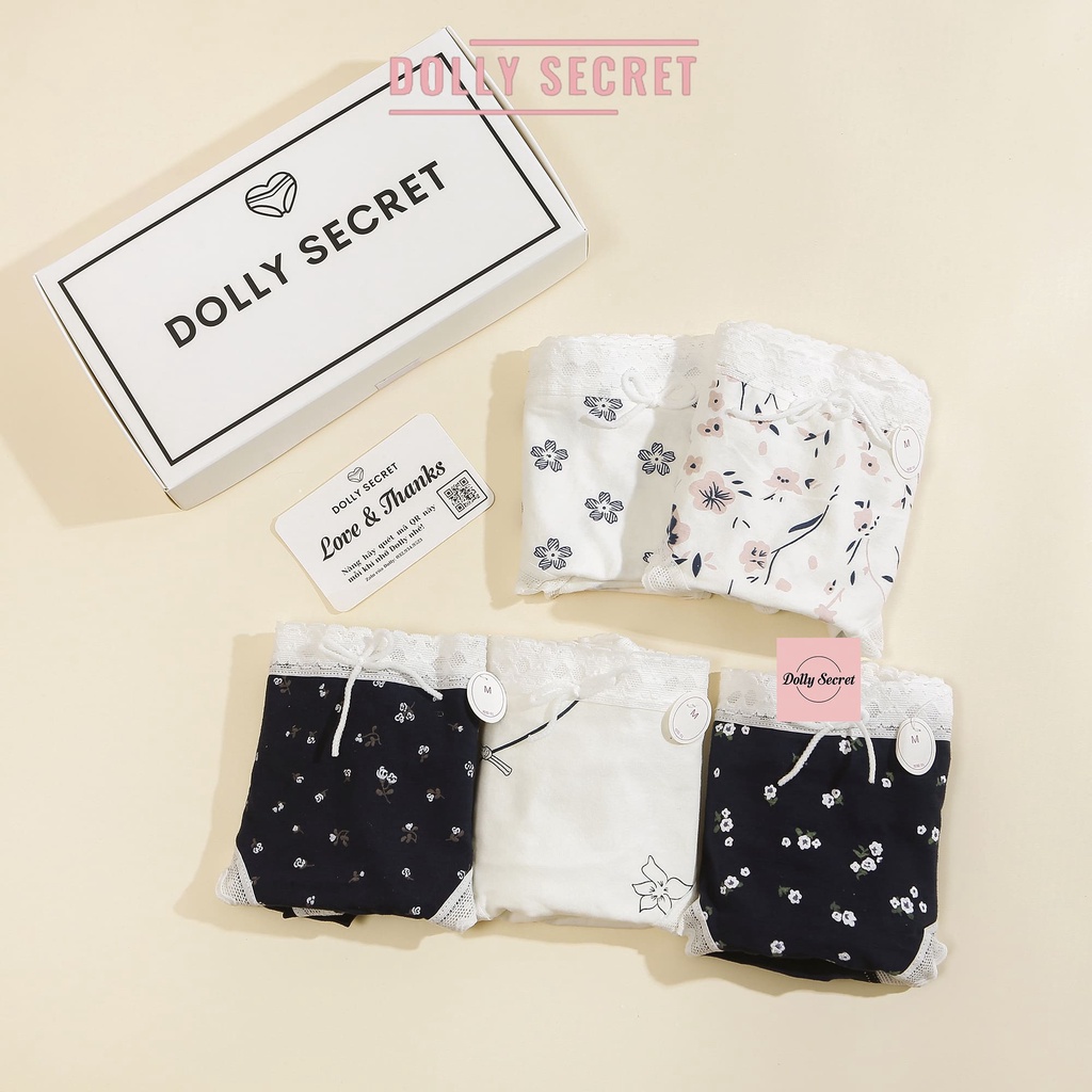 Quần Lót Cotton Nữ DOLLY SECRET Viền Ren Y Tế Học Sinh Cao Cấp Họa Tiết Màu Trắng Vải Kháng Khuẩn Mềm Mại QL050