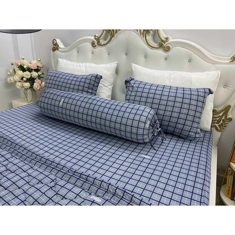 Bộ ga gối thun mẫu caro xám xanh