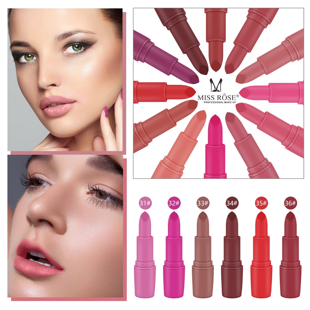 Son môi thỏi lâu trôi thương hiệu Miss Rose với nhiều gam màu hợp thời trang tùy chọ