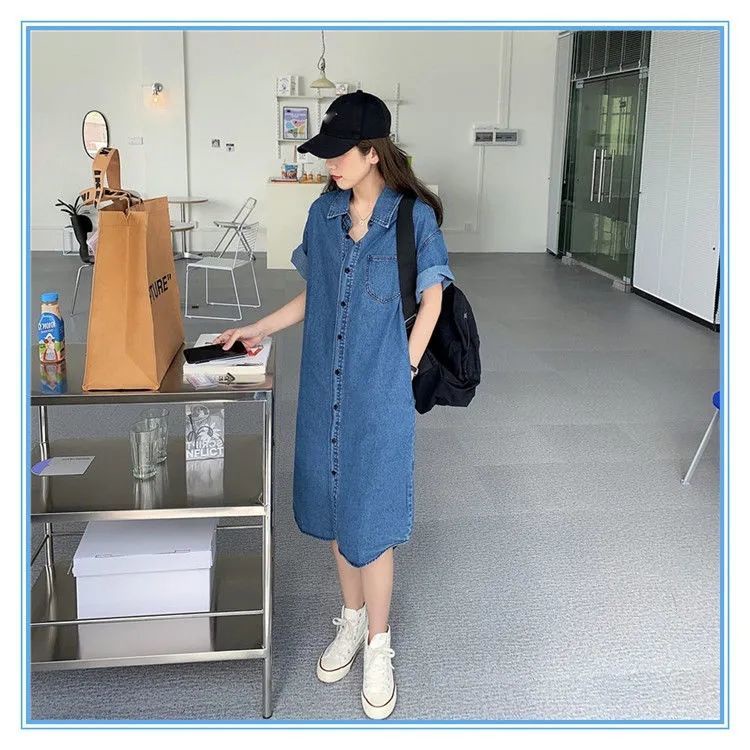 Đầm denim tay ngắn phong cách Hàn Quốc cổ điển