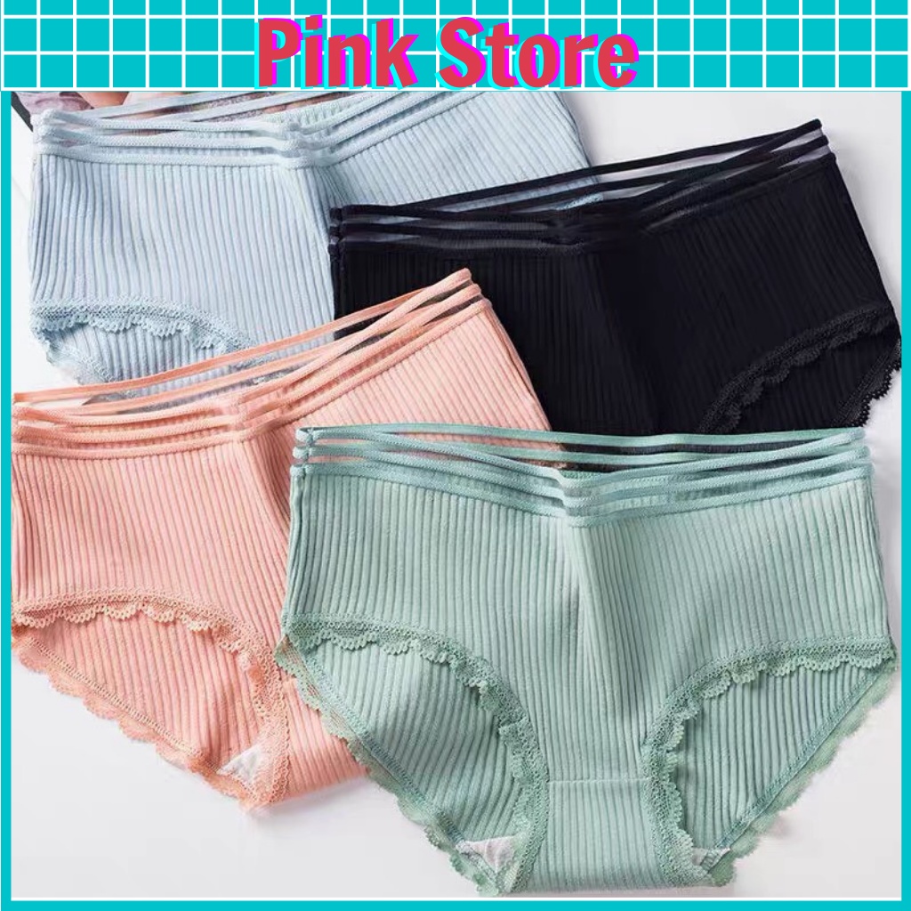 Quần Lót Nữ Cotton Gân Tăm Cạp Lưới Phối Viền Ren Điệu Đà Quyến Rũ Mã Ql95 PINK STORE