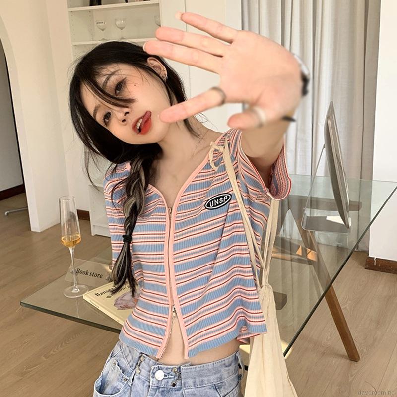 Áo Cardigan Dệt Kim Tay Ngắn Cổ Chữ V Phối Khóa Kéo Phong Cách Hàn Quốc Cho Nữ