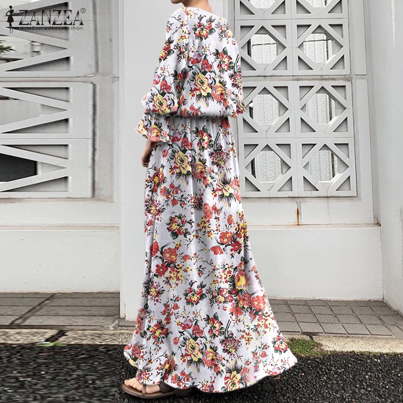 ZANZEA Đầm Dài Tay Cổ Tròn Xẻ Tà Họa Tiết Hoa Thanh Lịch Cho Nữ