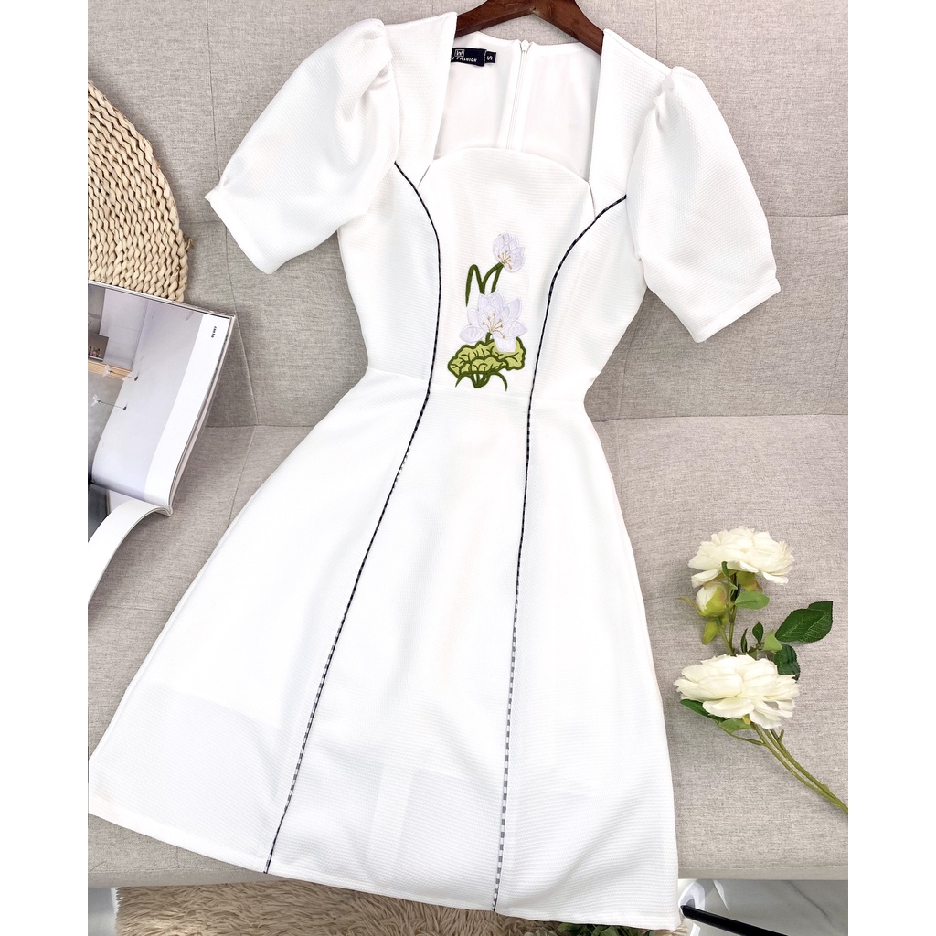 Đầm trắng dự tiệc sang trọng chữ a tay phồng thanh lịch thiết kế cao cấp cổ vuông đẹp đi tiệc đi chơi tôn dáng - Lux W
