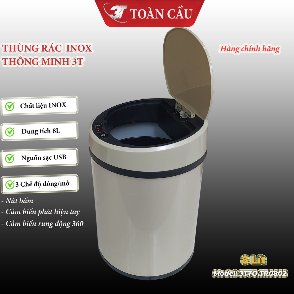 Thùng rác cảm biến thông minh 3 chế độ mở cửa, vật liệu INOX dung tích 8L sử dụng sạc điện