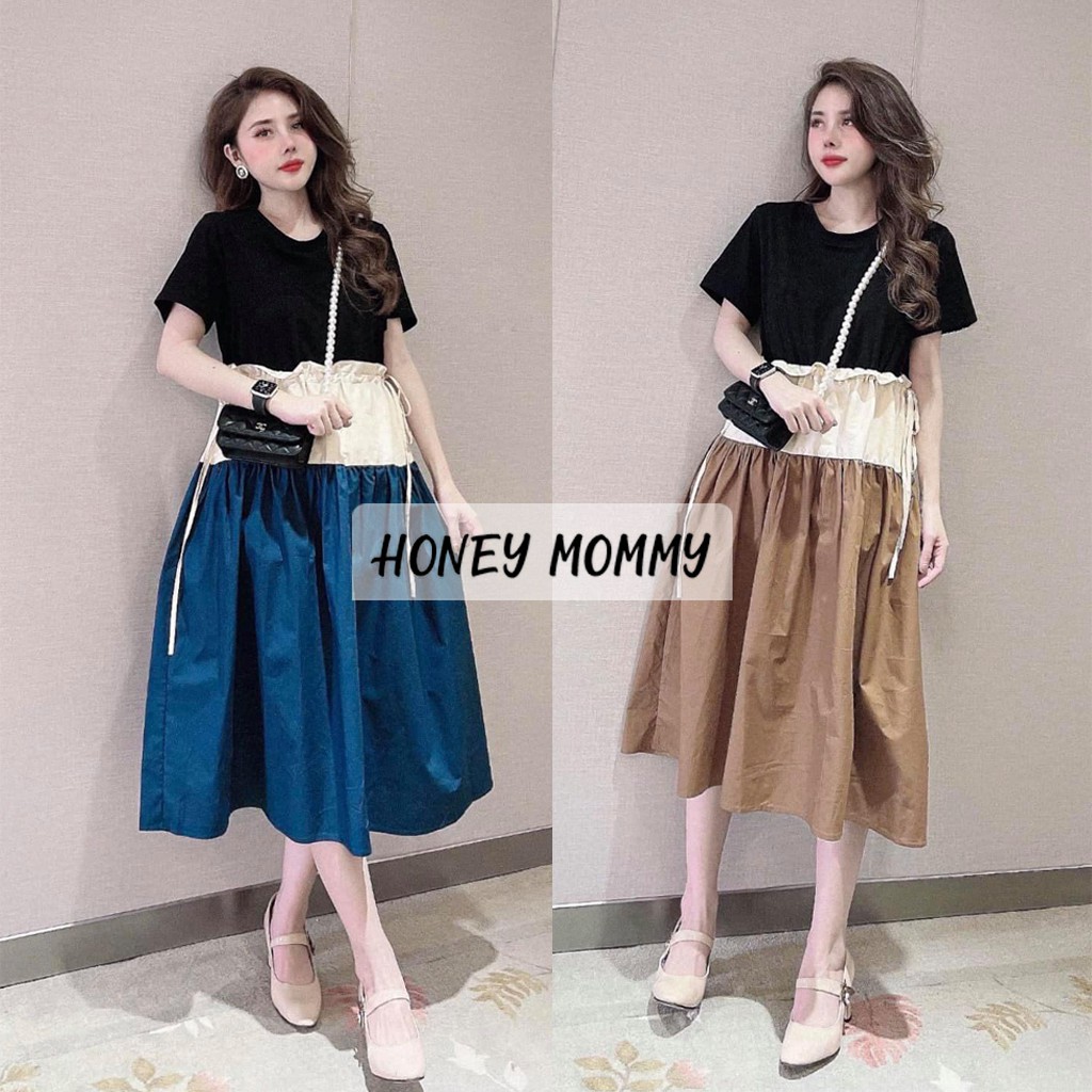 Váy Bầu Cotton 3 Tầng Dây Rút Eo HD2629 Honey Mommy Đầm Bầu Hè Cộc Tay Chất Mát