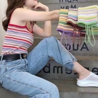 Áo 2 Dây Nữ Len Tăm Kẻ ngang dáng croptop BAO ĐẸP LUÔN (ảnh thật)