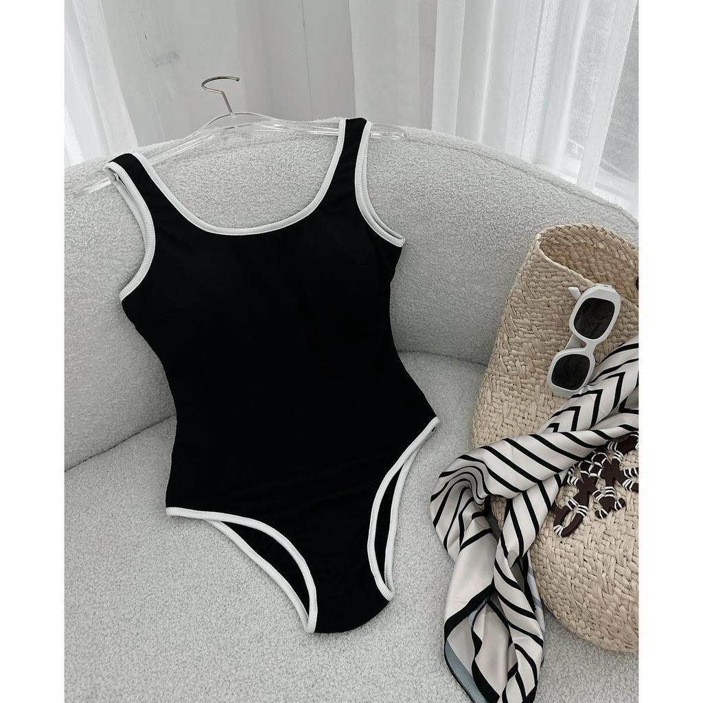 BIKINI GÂN ĐEN 2 DÂY CỔ U RỘNG VIỀN TRẮNG (CÓ MÚT NGỰC)