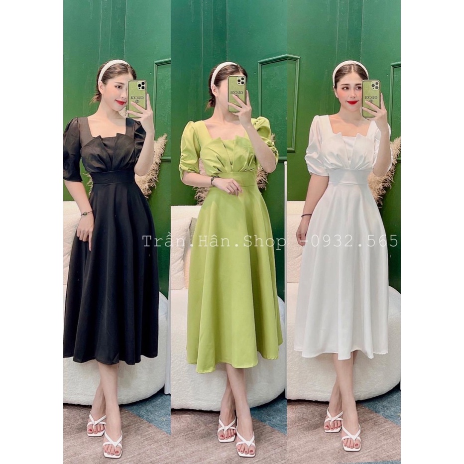 Váy thiết kế bo eo xếp ly ngực dáng dài maxi sang chảnh tay lỡ bồng công sở dự tiệc đám cưới