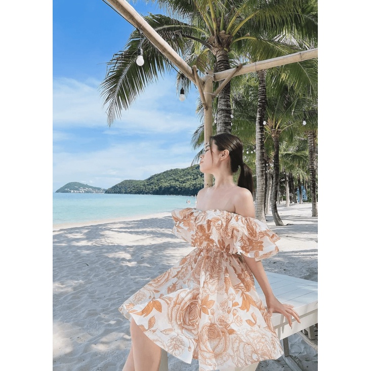 (Free ship) Đầm Thiết Kế HOT Trend --- Đầm Voan In Hở Vai Xinh Lung Linh UP HHP Fashion