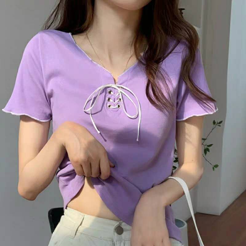 Áo Croptop Dệt Kim Ngắn Tay Phối Dây Rút Thời Trang | BigBuy360 - bigbuy360.vn