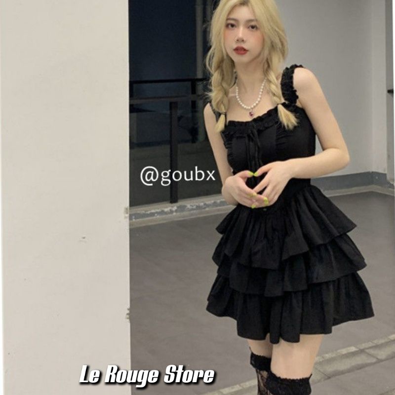 Đầm đen váy tầng hai dây tiểu thư xinh xắn local brand Trung siêu phẩm Douyin có size S đến XL dáng ngắn