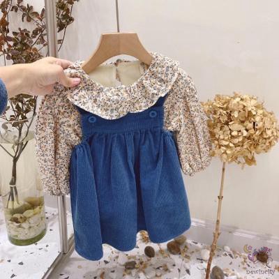 Bộ áo nhung dài tay họa tiết in hoa và đầm yếm thời trang dành cho bé gái