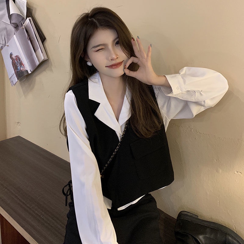 Set Áo Sơ Mi Dài Tay Và Áo Khoác Không Tay Thiết Kế Mới Thời Trang Theo Phong Cách Hồng Kông