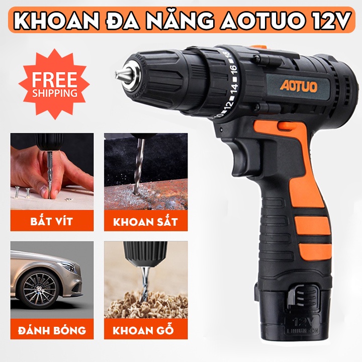 MÁY KHOAN, BẮT VÍT 2 CHIỀU AOTUO DÙNG PIN 12V - TẶNG MŨI KHOAN