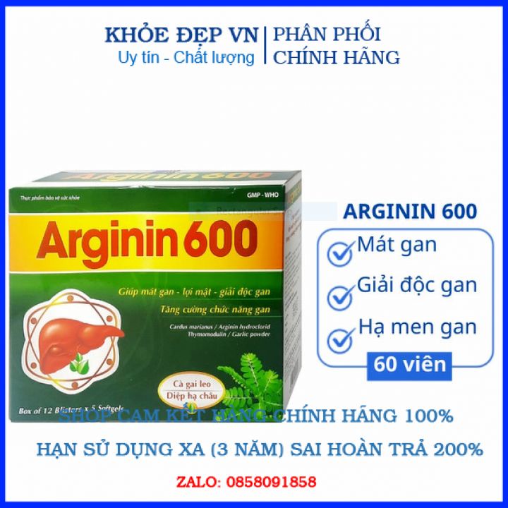 Viên uống bổ gan Arginin 600 mát gan, giải độc gan, hạ men gan hộp 60 viêng nang