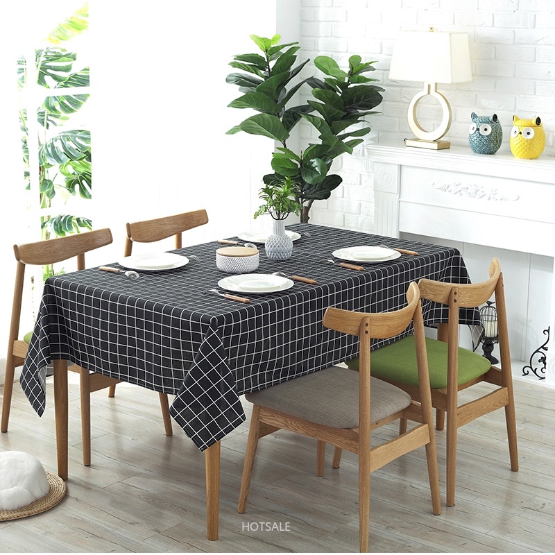 Khăn trải bàn ăn chống bụi họa tiết kẻ ô màu đen bằng cotton lanh