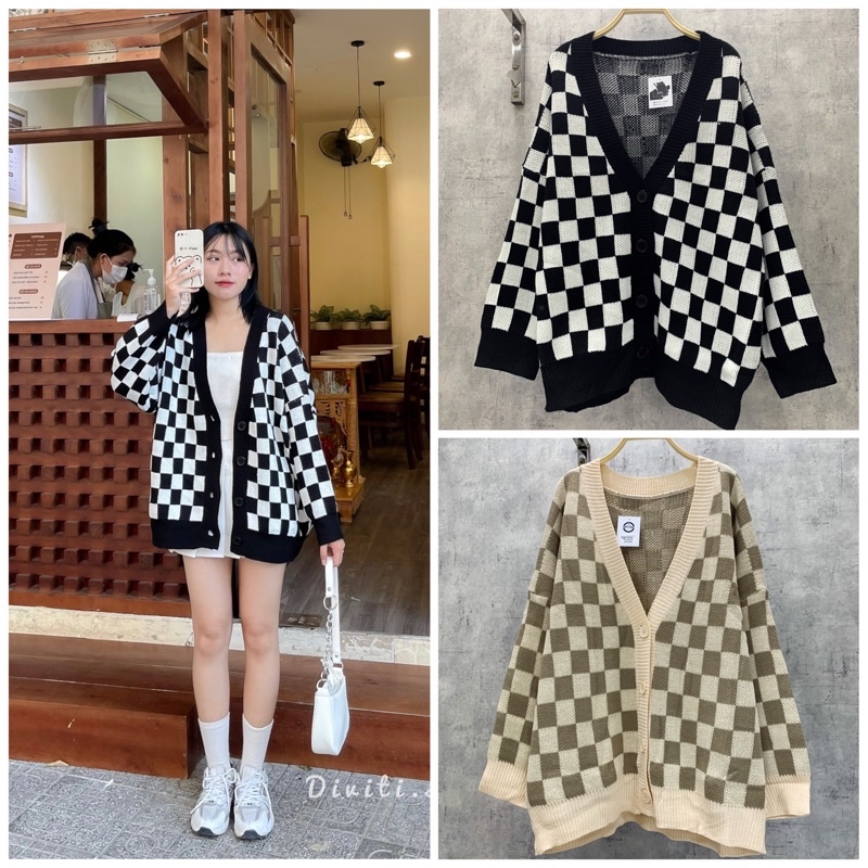 Áo khoác cardigan len ô vuông 2132-1