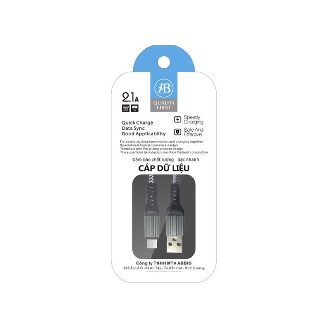 Cáp sạc nhanh chuẩn 2.1A dài 1,2m, cổng Micro usb C2 hãng ABBig Viẹt Nam