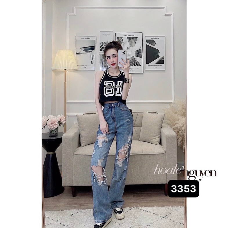 Quần Baggy Nữ Ống Rộng Rách Lưng Cao Size SML, Quần Baggy Jean Nữ Hàng VNXK Ms3353