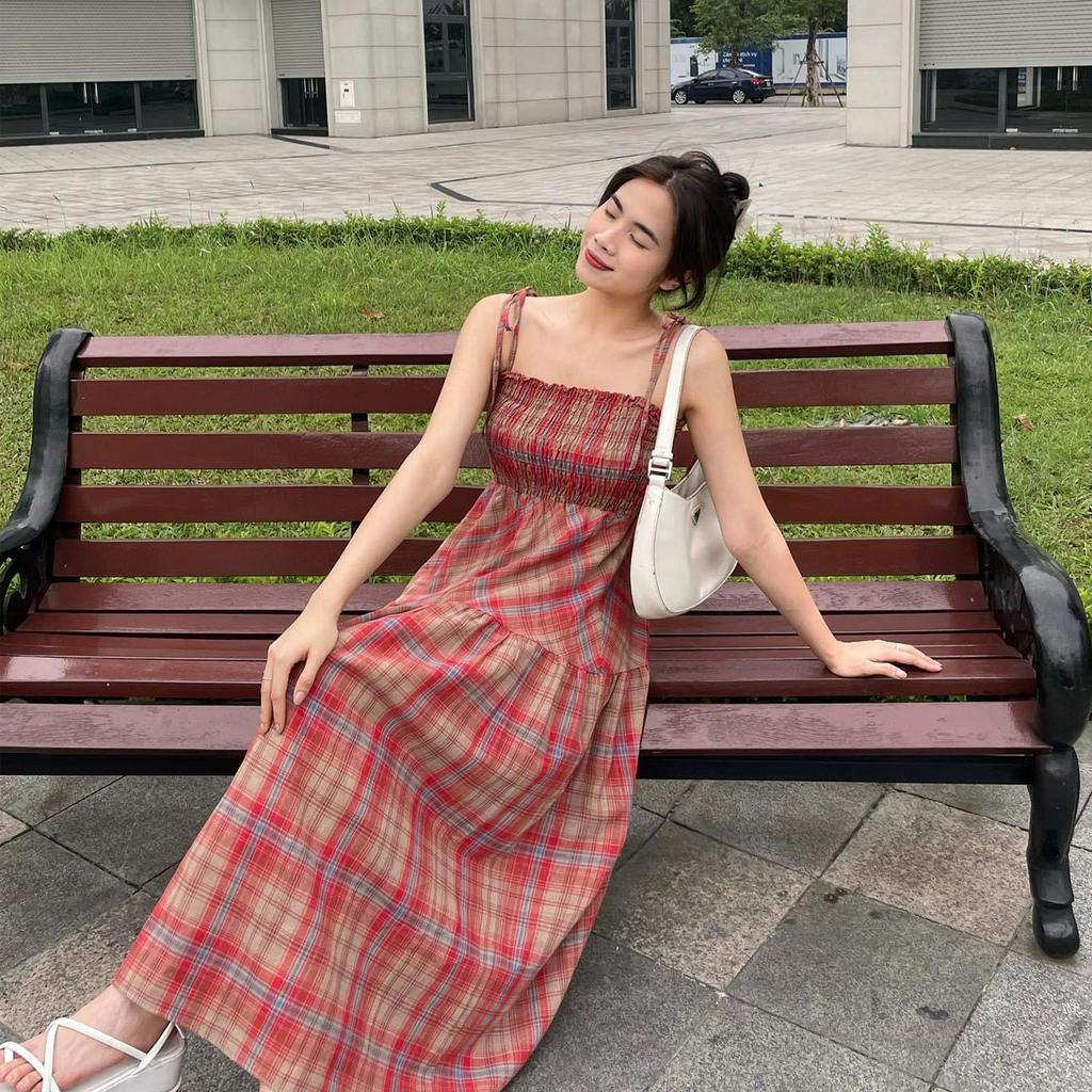 Váy nữ xinh, Váy babydoll maxi 2 dây kẻ caro dáng dài phong cách Hàn Quốc xinh xắn