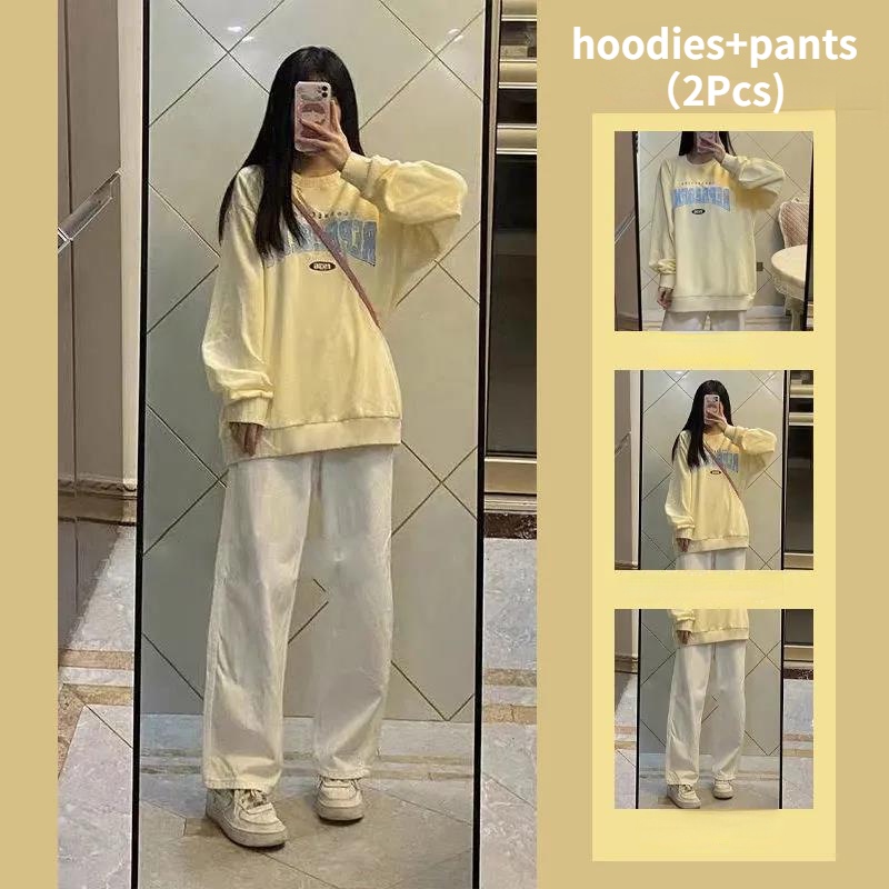 Set Áo Hoodies Dáng Rộng + Quần Dài Thiết Kế Đơn Giản Năng Động Thời Trang Dành Cho Nữ