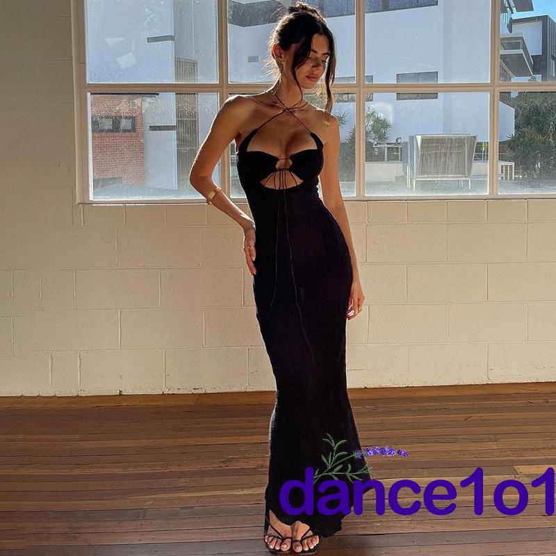 ✿CI✲Women Slim-fit Tie-up Sleeveless Solid Color Cutout Long Dress