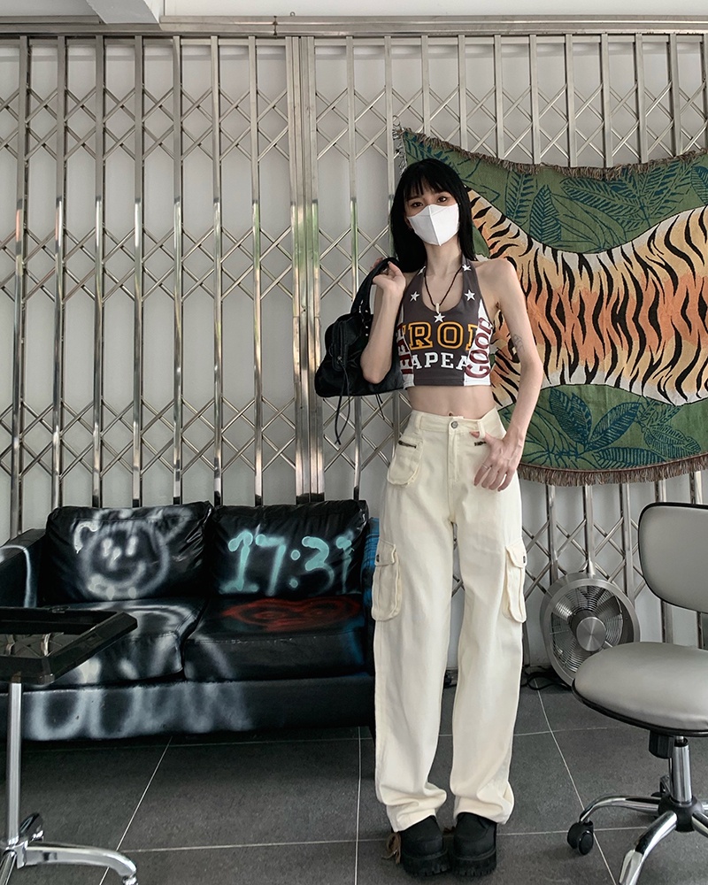 Quần jean Peppermint 52741 lưng cao ống suông phối nhiều túi phong cách thời trang retro Mỹ